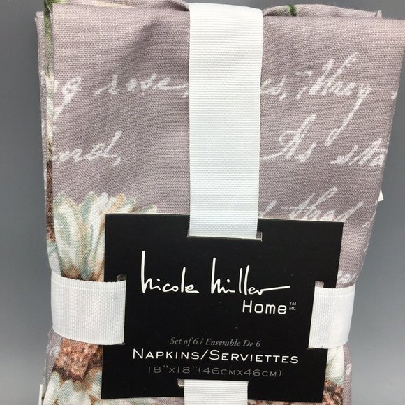 x6 Nicole Miller White Sunflower Script Fall Napkin Set Aqua Gray 18x18" Fabric - Picture 3 of 10